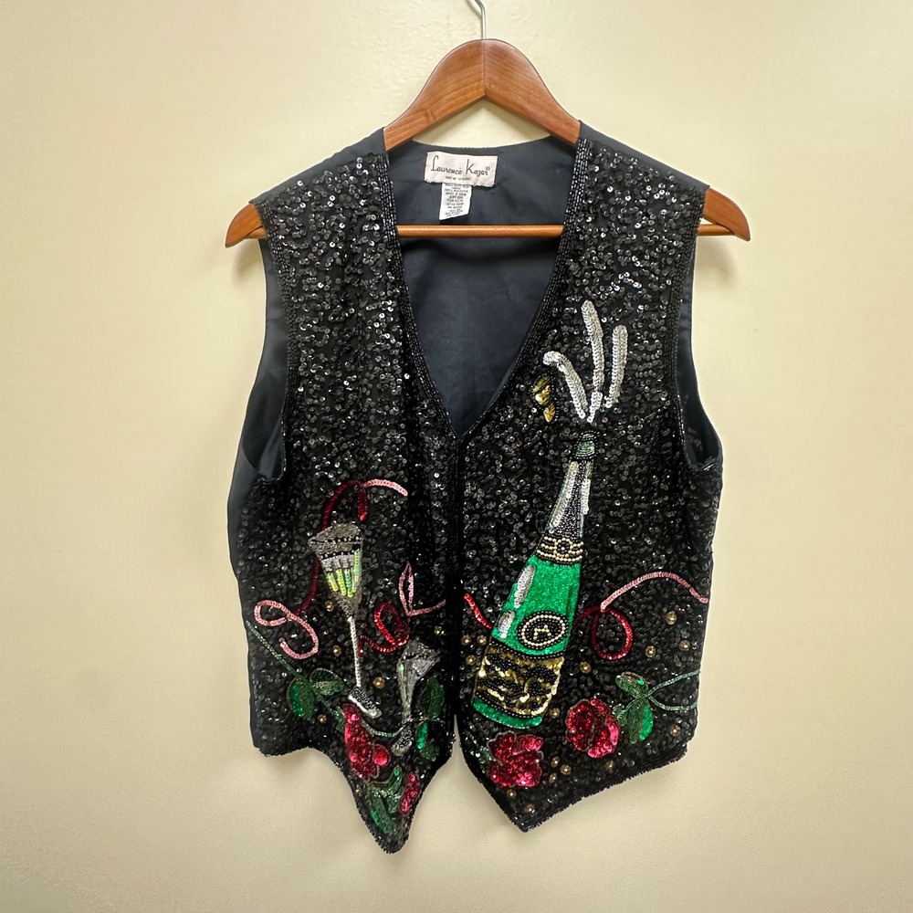Laurence Kazar Vintage Sequin Champagne Vest Black Silk Beaded New Years Eve L